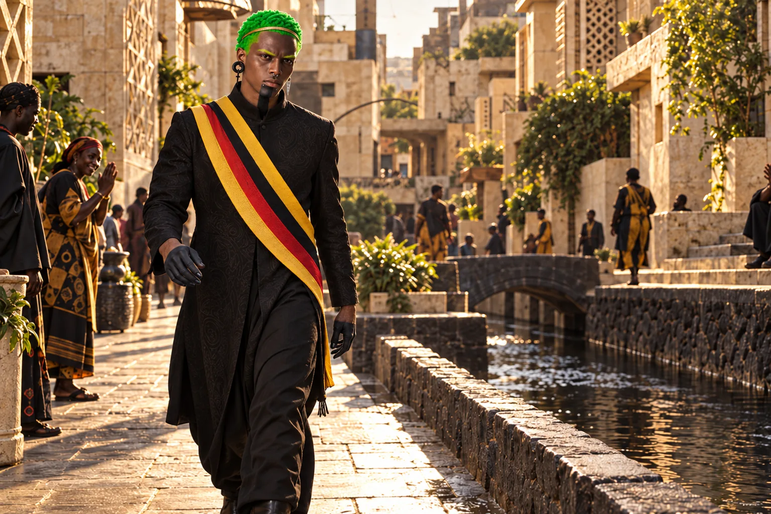 King Yao walking at dawn along a water channel of the old quarter of M’gbāDàraaā, residents greeting him as he passes.
