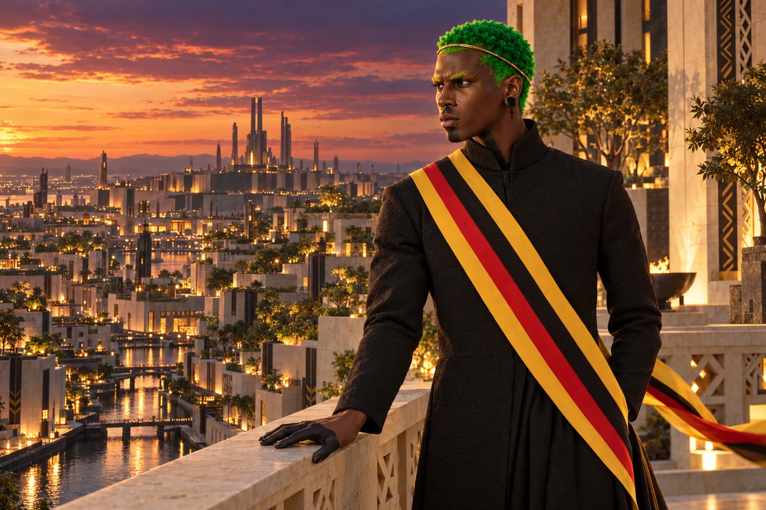 King Yao in profile on a high terrace at dusk, looking over the lights of M’gbāDàraaā and its canals.