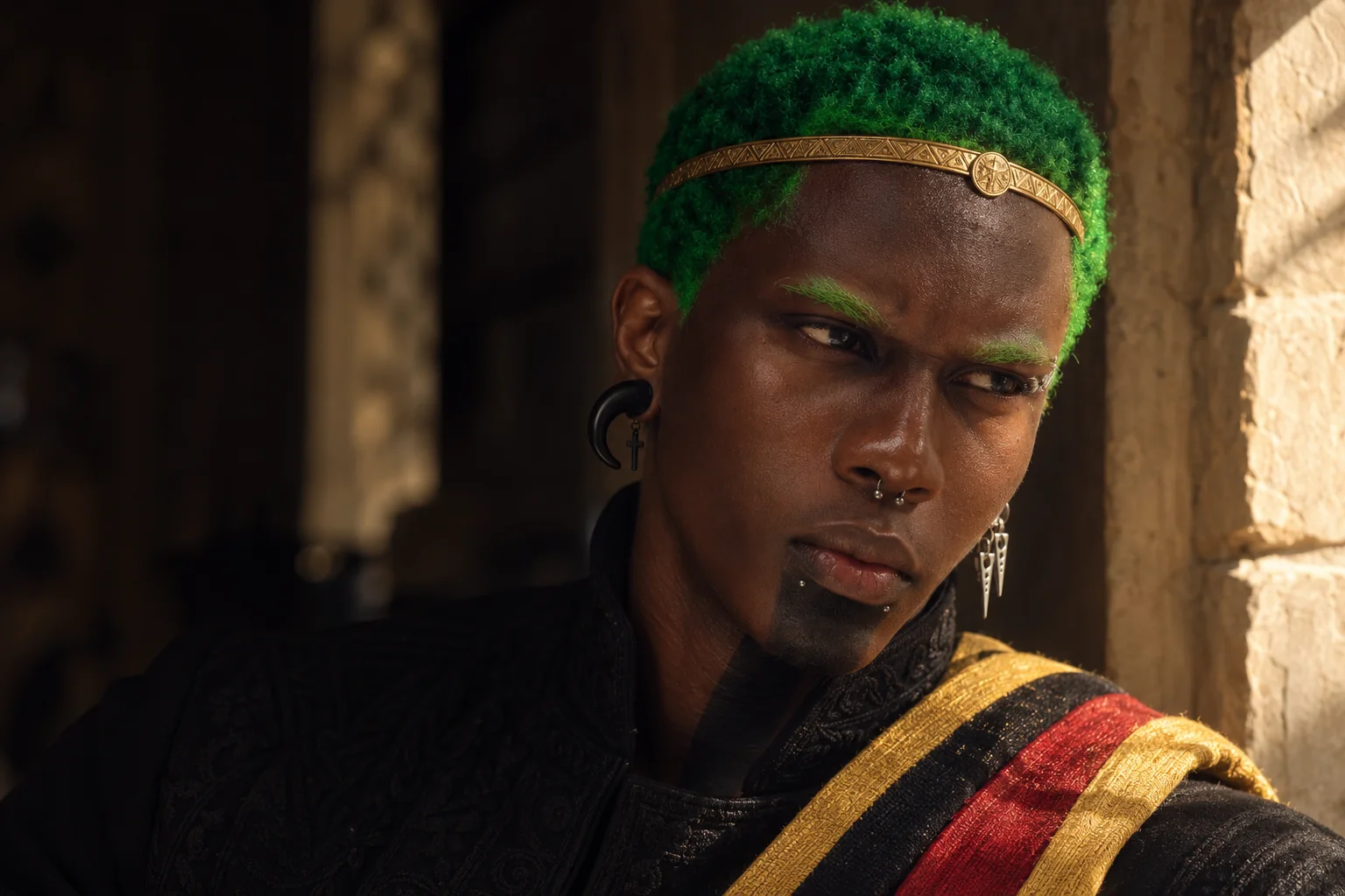 Close portrait of King Yao by a window, late afternoon light across his face, green hair and gold band.