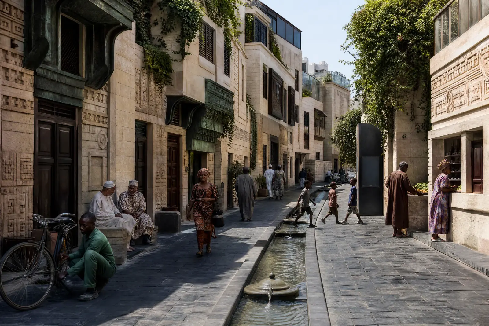 A street of the old quarter of M’gbāDàraaā: carved ivory stone, a water channel, residents on their way to work.