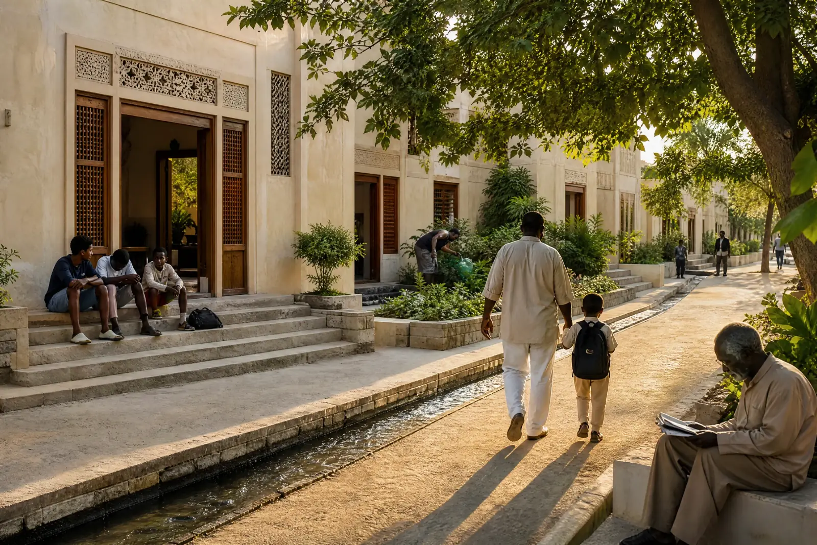 Terraced houses of ivory lime around shared courtyards, water running in a channel along the street, neighbours on their way home.