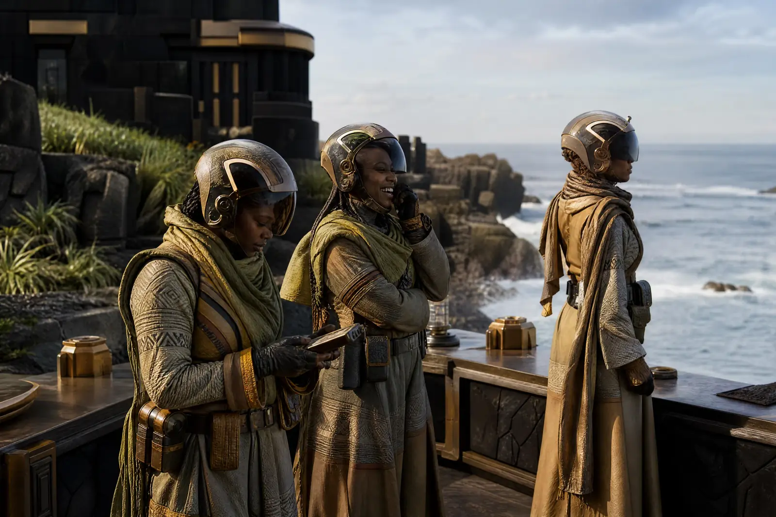 Three officers of the Border Guard at a clifftop post of basalt and bronze above a clean sea, helmets with smoked visors.