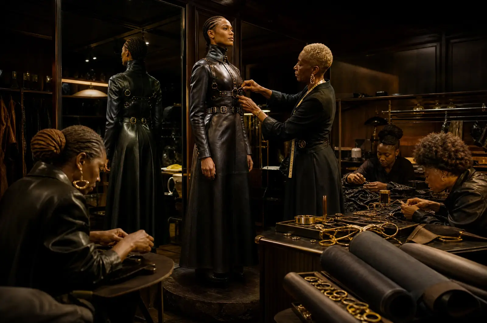 A couture atelier of BeD SoMe: a master tailor adjusts the bronze buckles of a long black leather coat-dress, apprentices at work among rolls of leather and velvet.