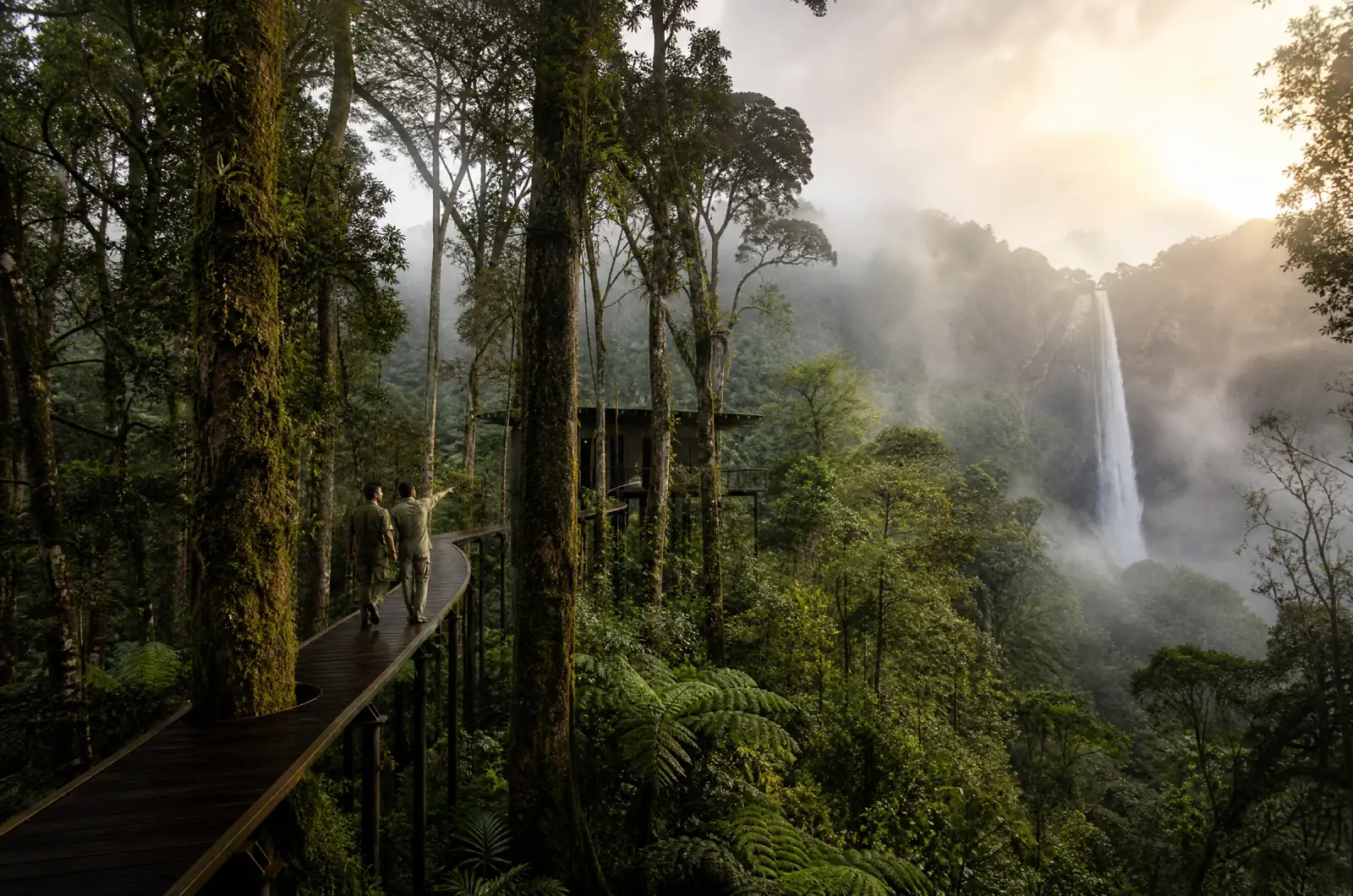 Zwagiia at dawn: two wardens on a raised path of dark wood among colossal trees, a waterfall in the distance.
